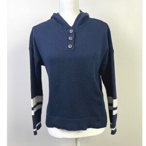 American Eagle Blue Hooded Button Sweater White Stripe Long Sleeve Knit Pullover